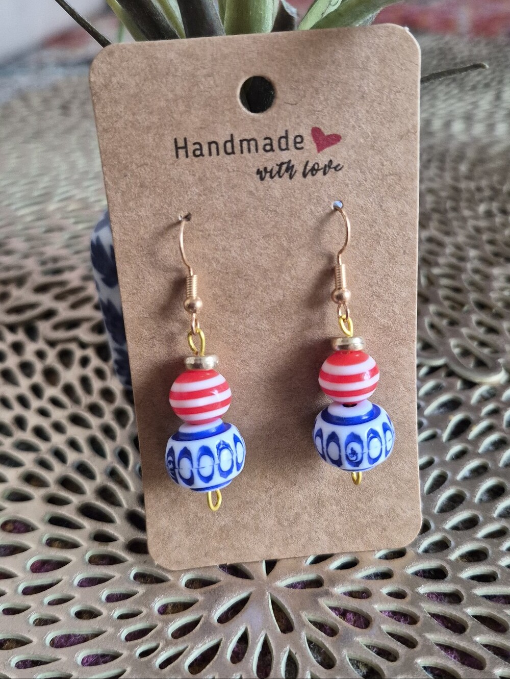Handmade Blue & Red Striped Bead Drop Earrings
